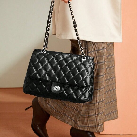 Black Elegant Women's Large Capacity Rhombic Pattern Crossbody Bag - Picture 1 of 12